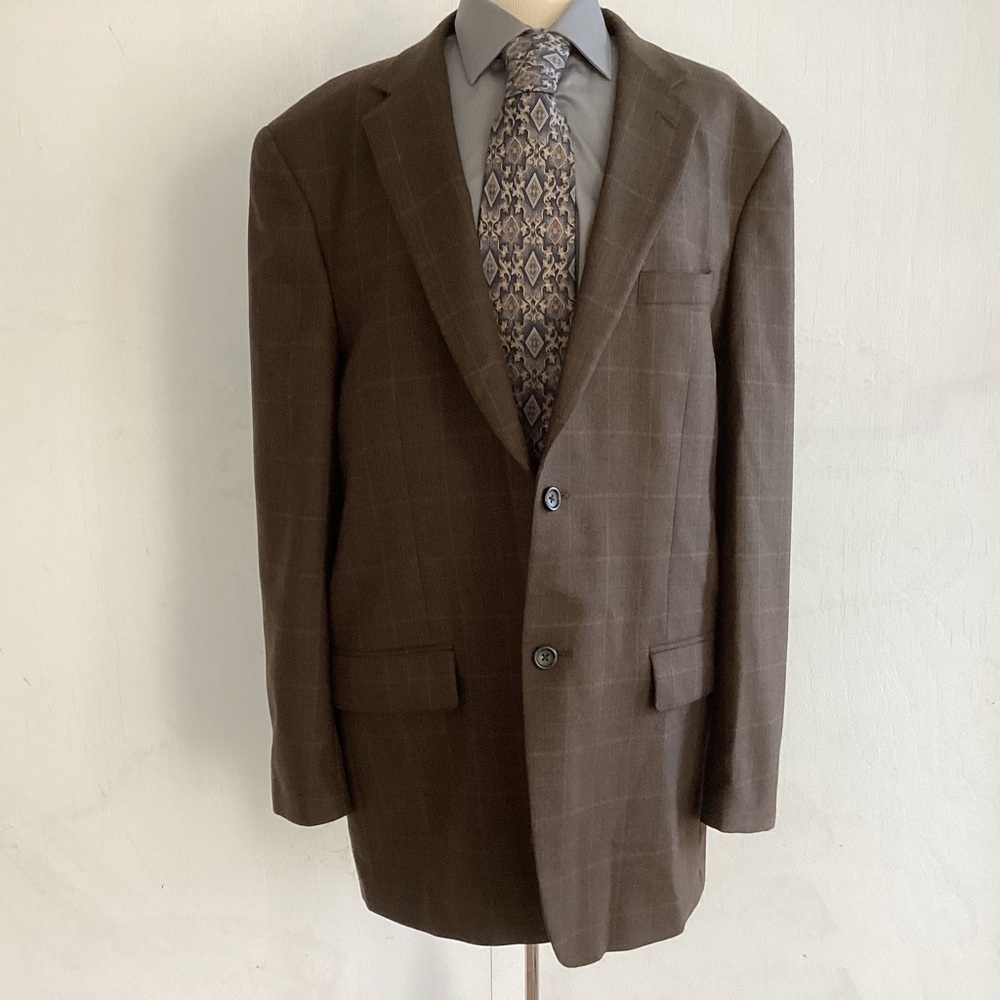 Joseph & Feiss Gold brown windowpane plaid wool 2 button notch collar jacket 46L